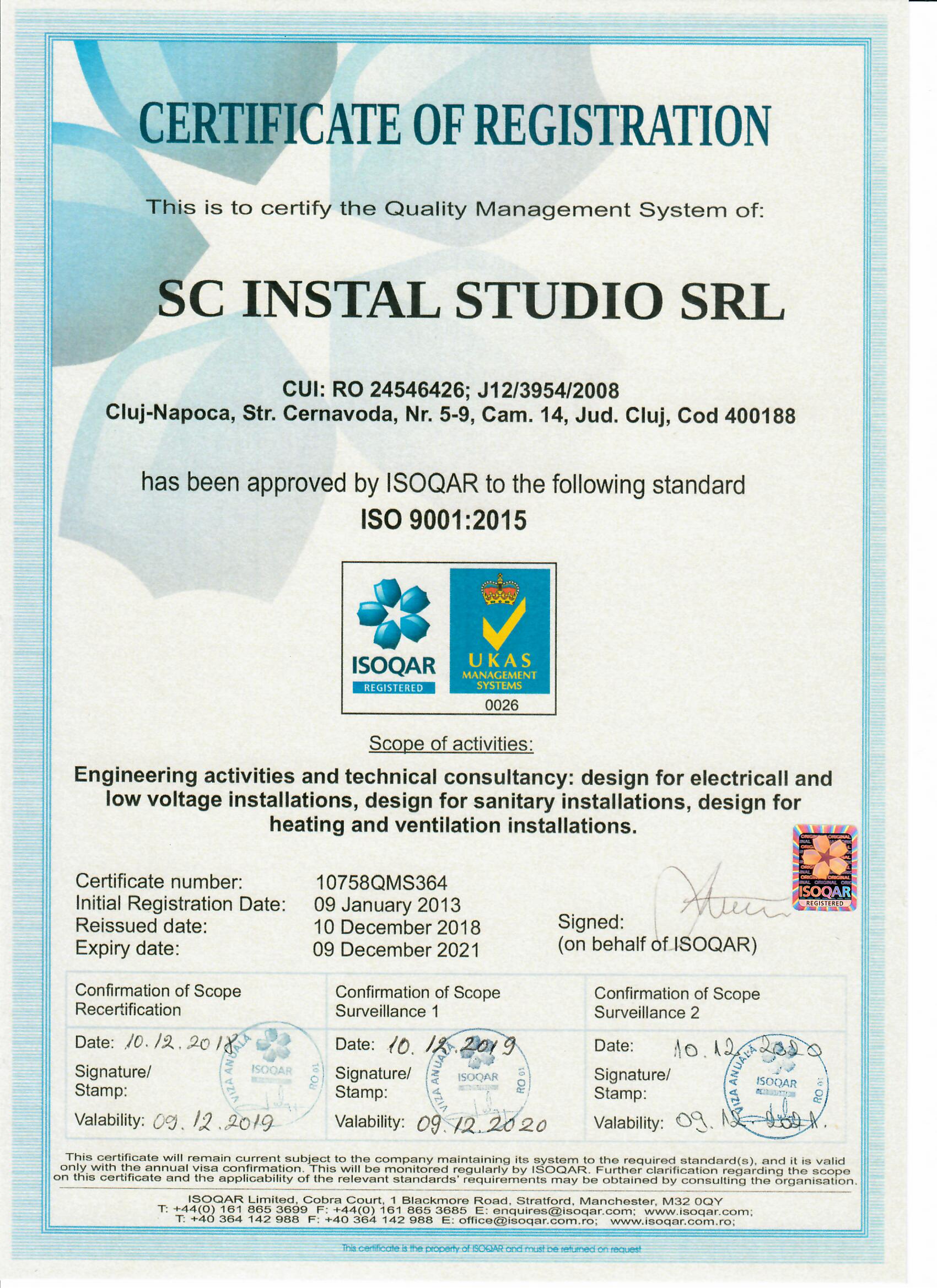Certificate for the Quality Management System